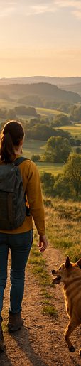 Wanderin mit Hund in der Eifel Eine Wanderin im Wald mit ihrem Hund beim wandern